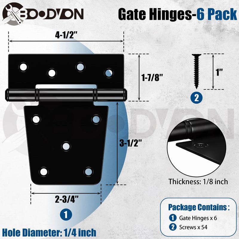 BOODVON 3.5 Inch Heavy Duty Gate Hinges, Extra Thick Black Shed Barn Door Hinges for Wooden Fences, Yard Gate, Vinyl Fence Gate, Garage, Gate Door Hinges for Indoor Outdoor(6 Pack) - Image 2